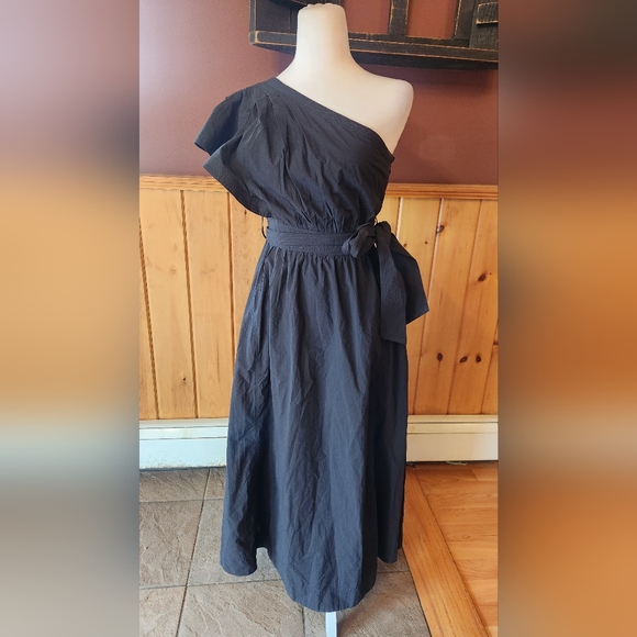 Madewell Ruffled One-Shoulder Midi Dress Black With Bow Size 0 - Picture 4 of 11